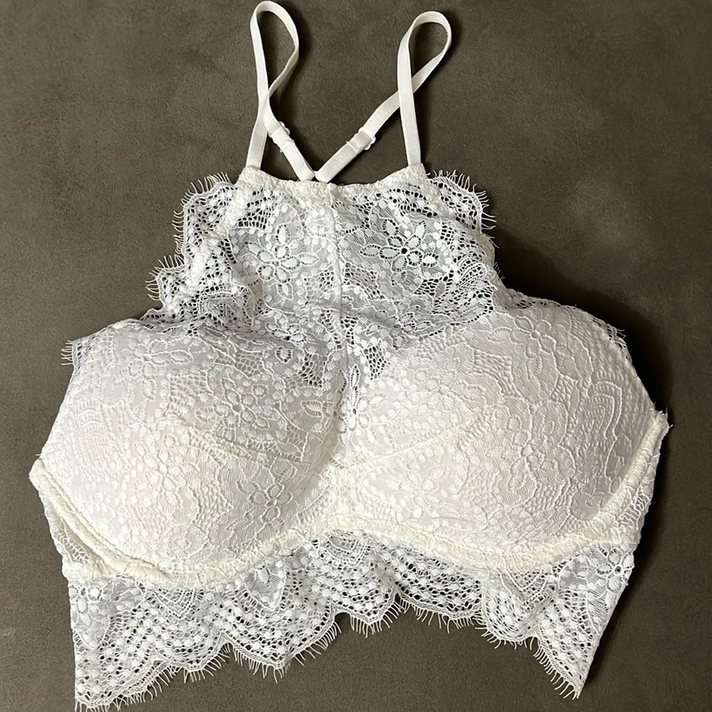 Victoria’s Secret pink lace white racerback bra high neck in front wired push-up